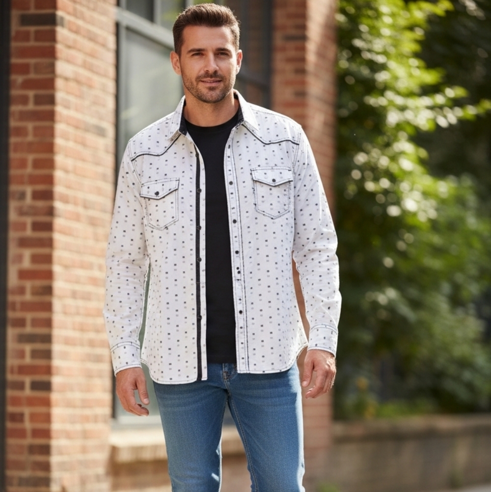 Helix Mens Western Rodeo Snap White Shirt with Black Pattern Sz XL